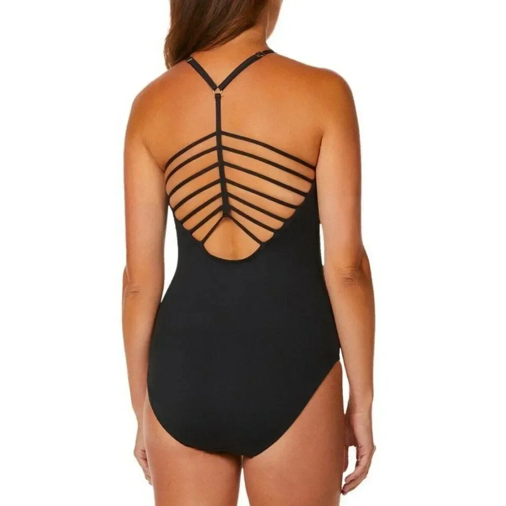 Leilani Horizon High Neck One Piece Strappy Cage Back Black Swimsuit Size 10